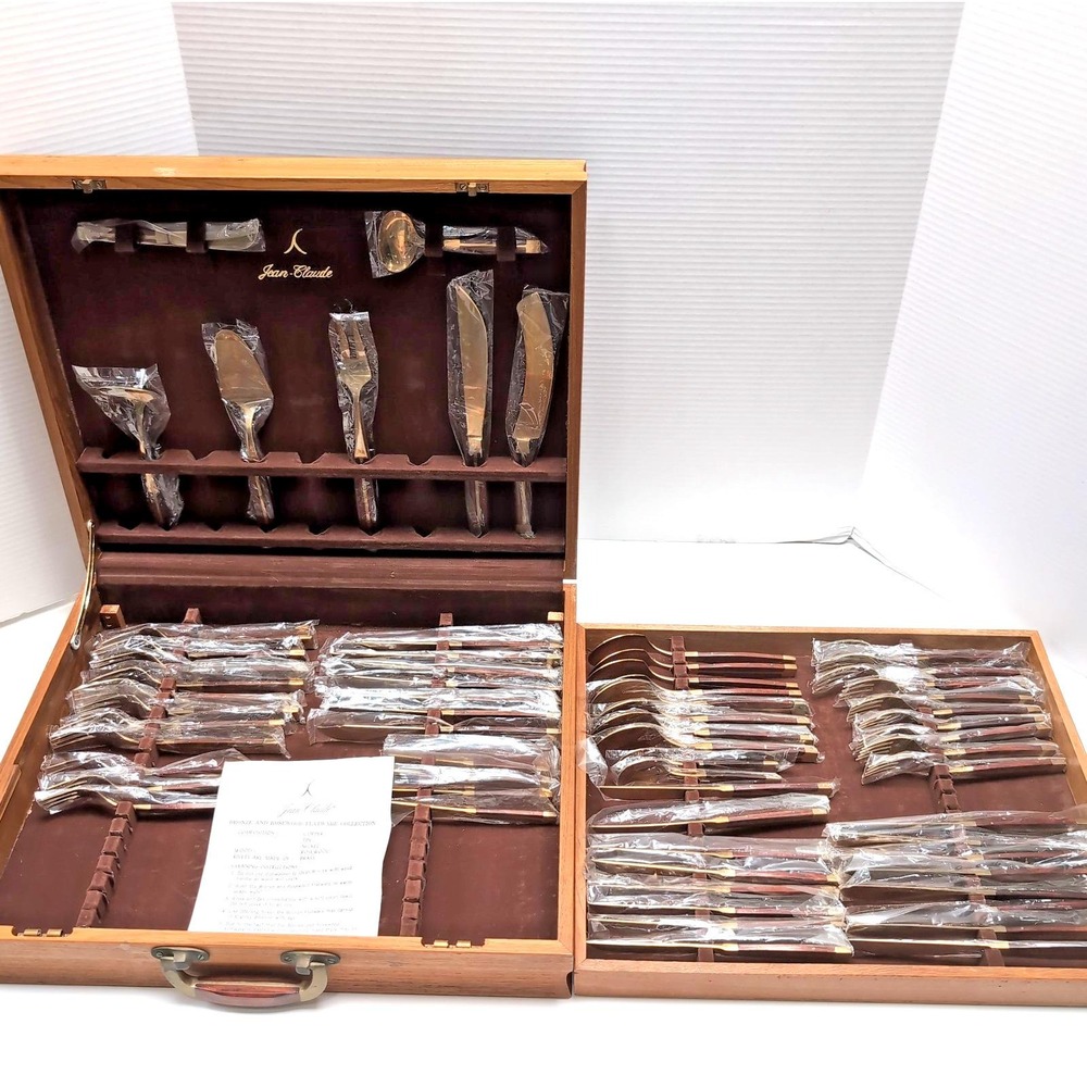 Vtg Jean Claude Brass Teak Flatware 64-Piece Incomplete Set 7 Serving Pcs & Box